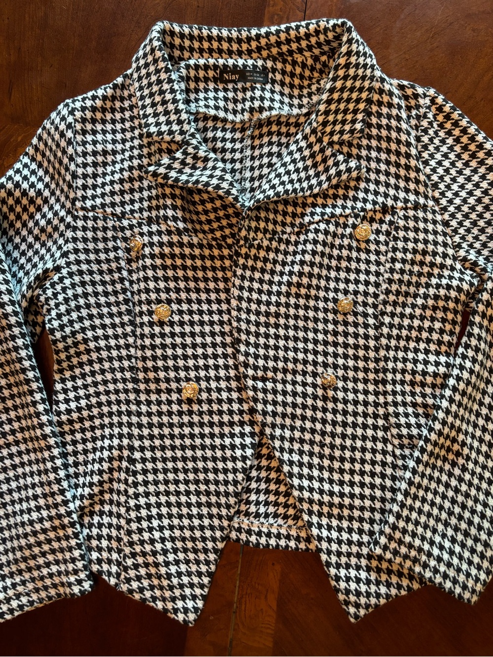 Navy Houndstooth Double-Breasted Jean Jacket with Gold Buttons